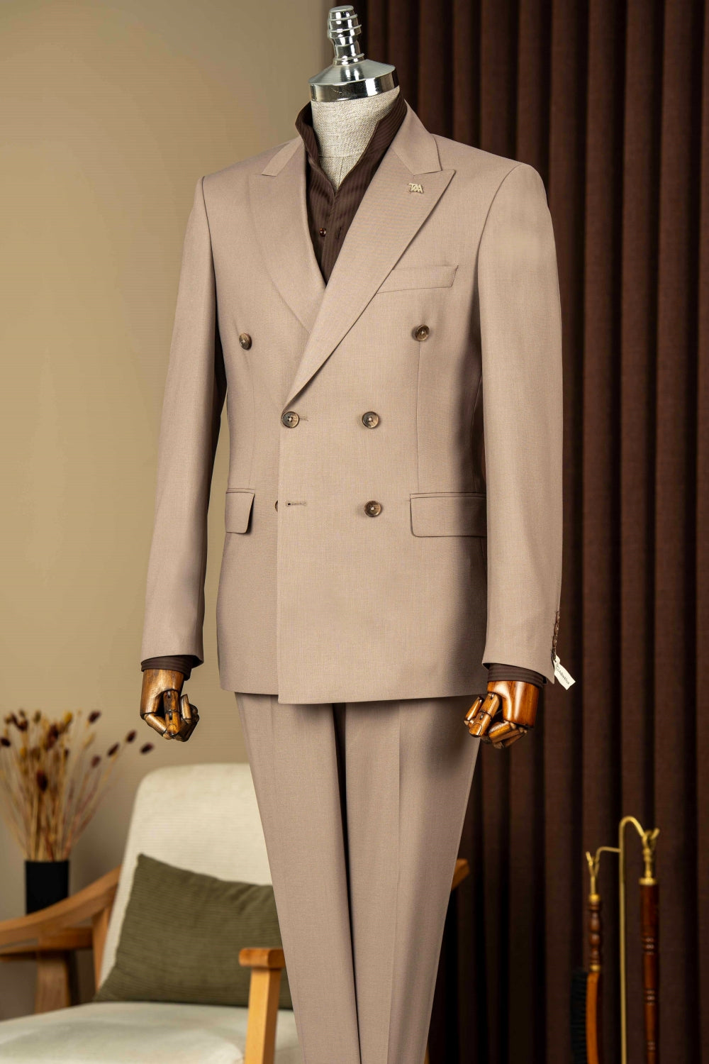 Fashion Khaki Double Breasted Slim Fit Men Suits
