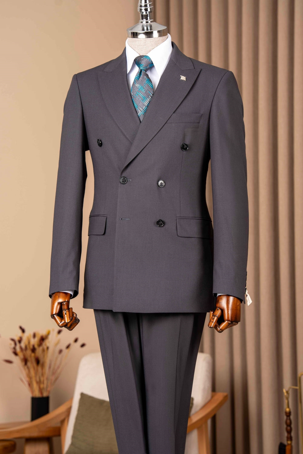 Business Gray Double Breasted Slim Fit Men Suits