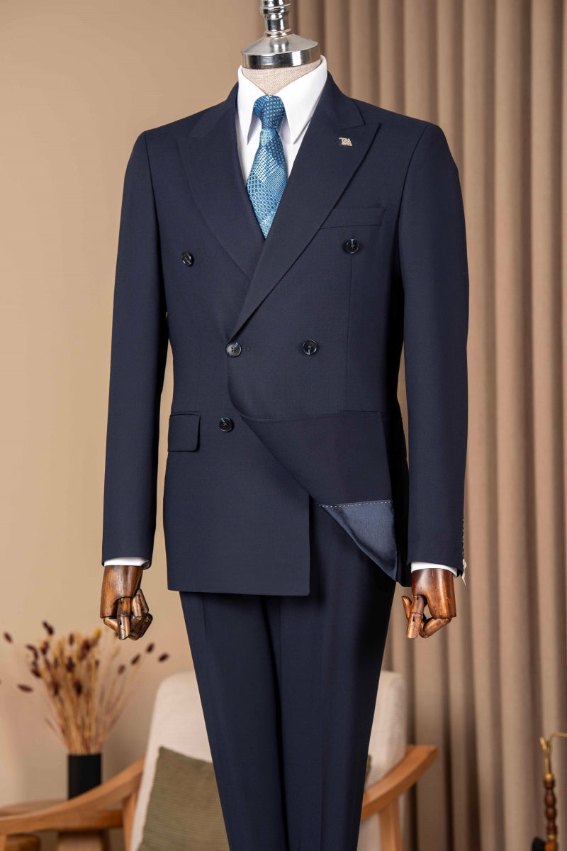 Navy Blue Double Breasted Slim Fit Men Suits