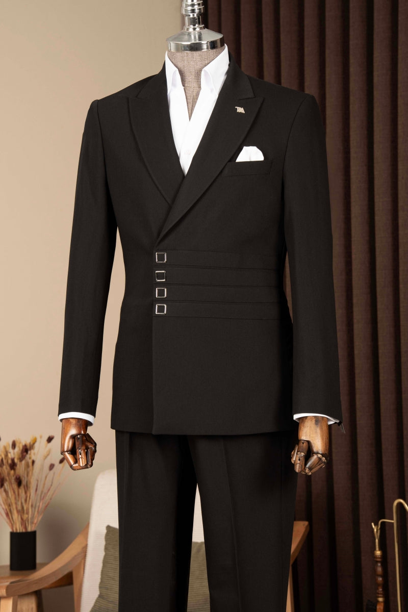 Fashionable Black Peaked Lapel Men Suits with Invisible Button