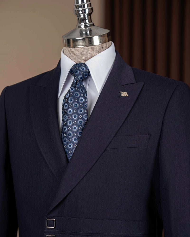 Navy Blue Peaked Lapel Men Suits with Invisible Button