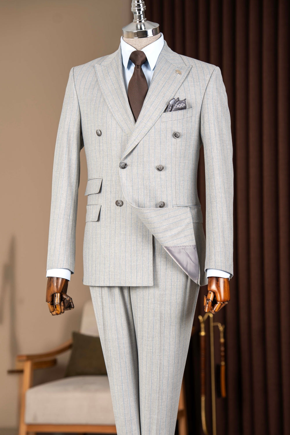 Gray Striped Double Breasted Business Suits for Men