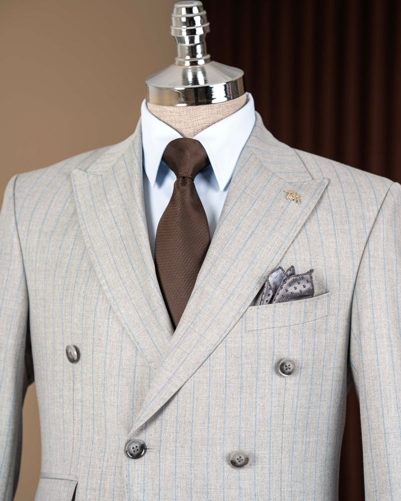 Gray Striped Double Breasted Business Suits for Men