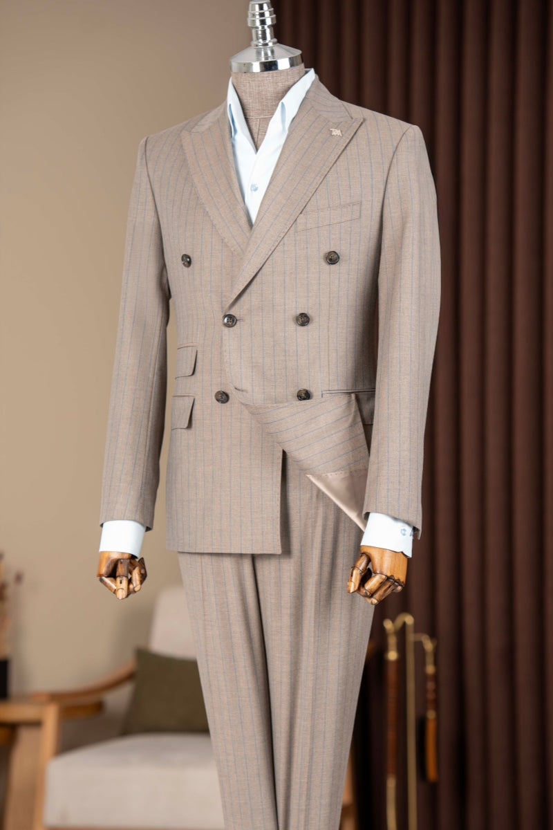 Stylish Camel Striped Double Breasted Business Suits for Men
