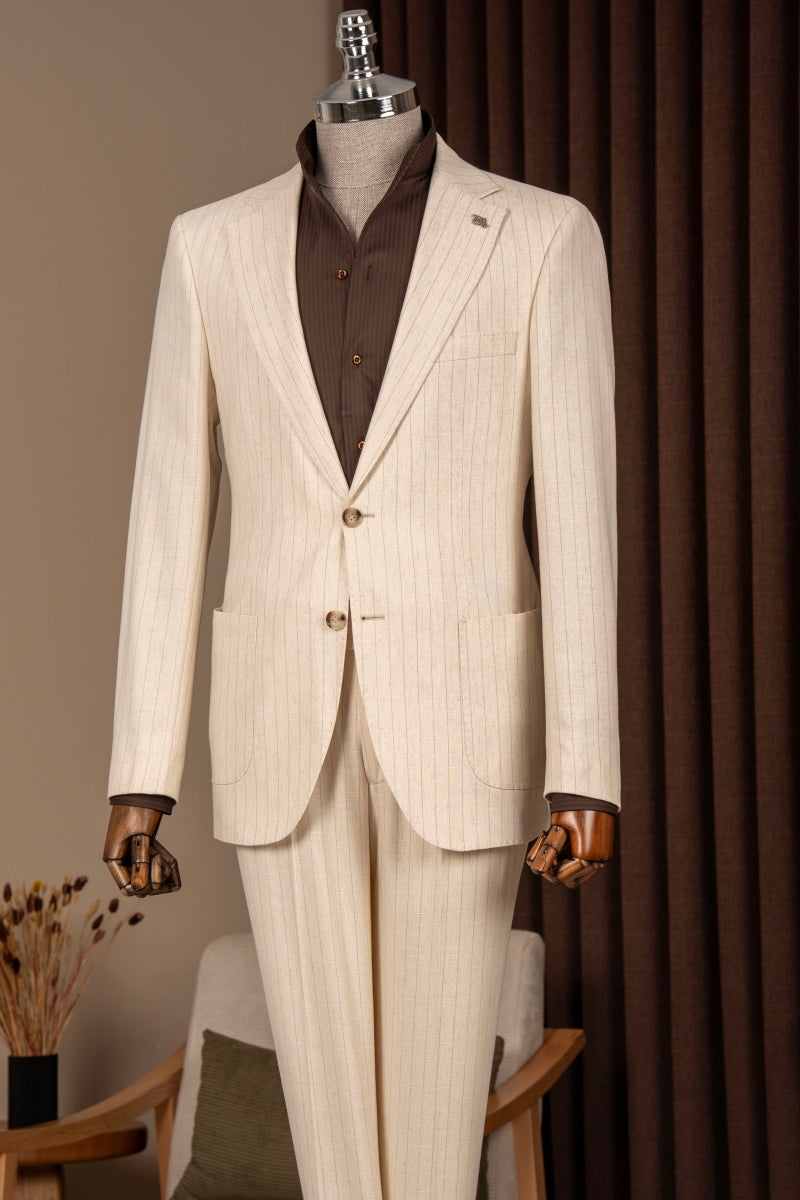 Men's Single Breasted Cream Pinstripe Linen Blend Suit