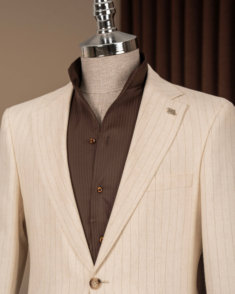 Men's Single Breasted Cream Pinstripe Linen Blend Suit