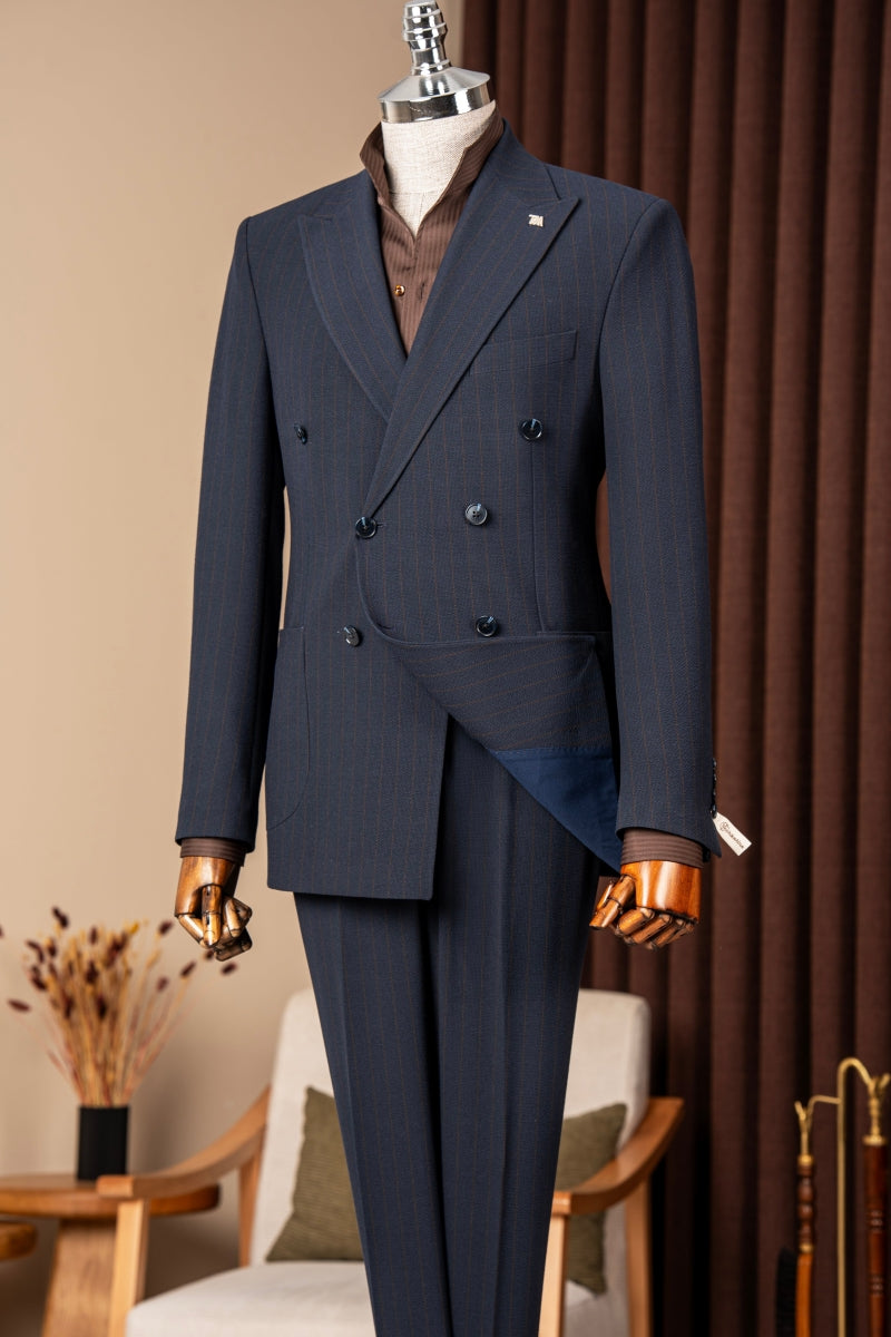 Dark Navy Double Breasted Striped Men Suits