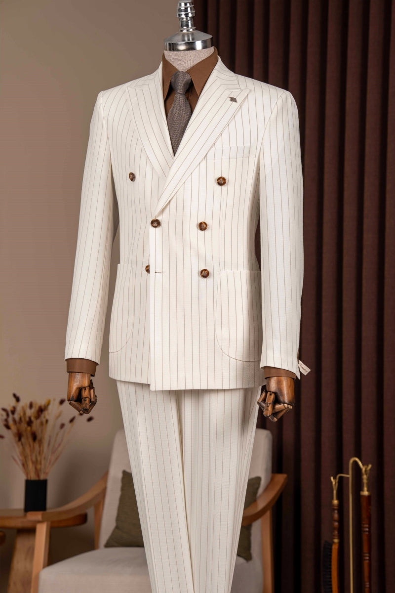 Fashionable Beige Double Breasted Striped Men Suits
