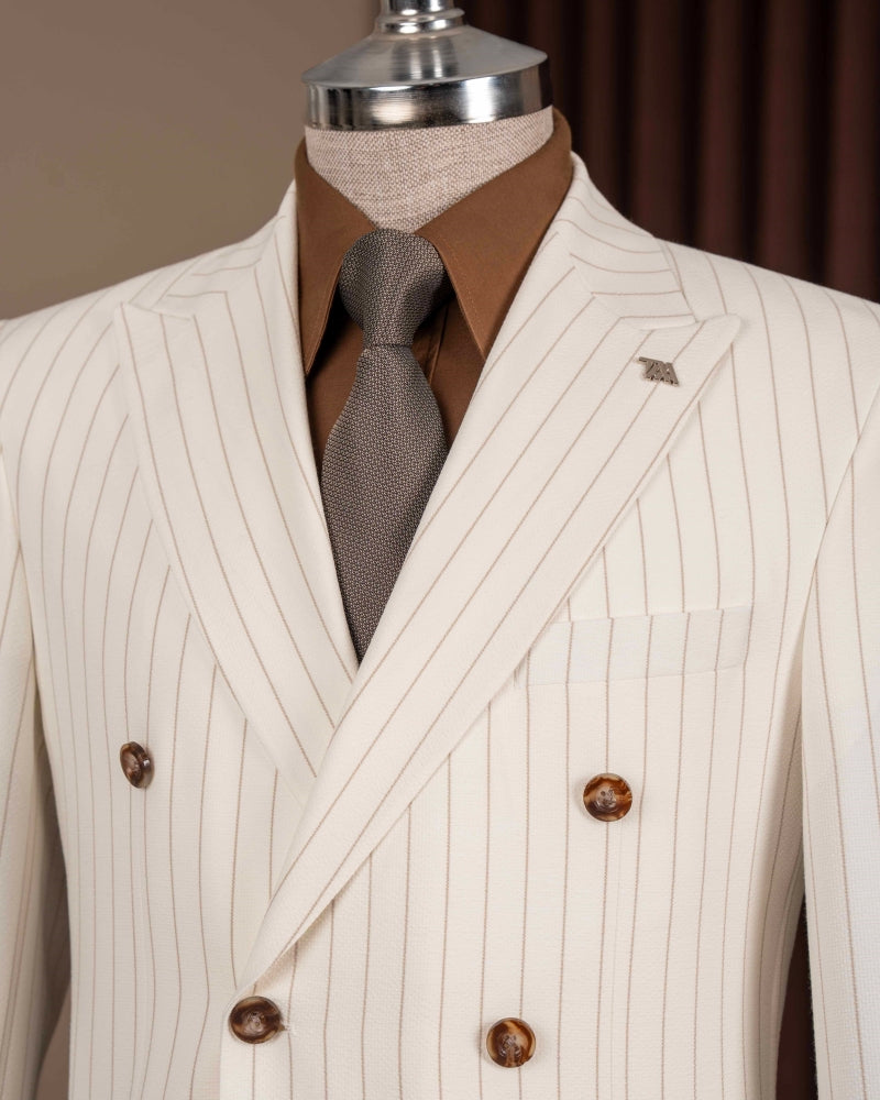 Fashionable Beige Double Breasted Striped Men Suits