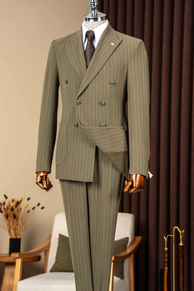 Olive Green Pinstripe Double Breasted Men Suit