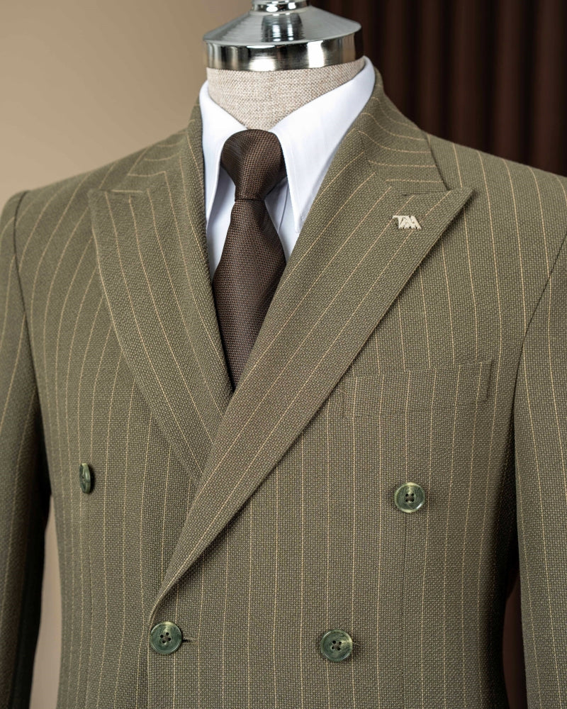 Olive Green Pinstripe Double Breasted Men Suit