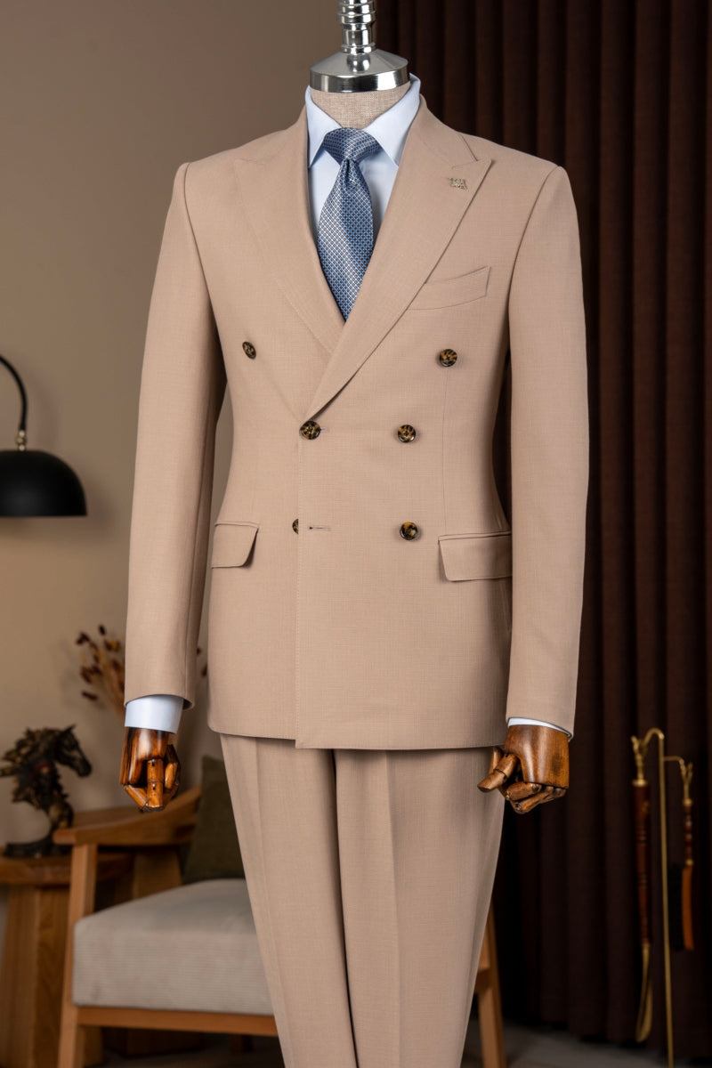 Fashionable Beige Double Breasted Men Suit