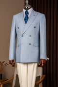 Sky Blue Double Breasted Bespoke Men Blazer