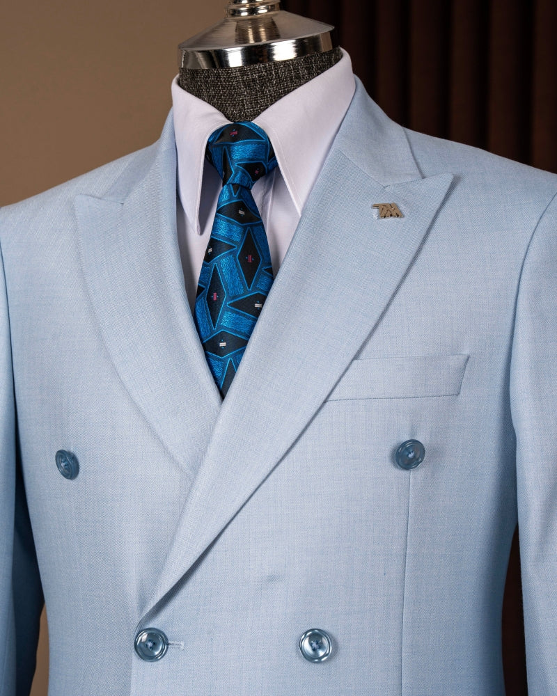 Sky Blue Double Breasted Bespoke Men Blazer