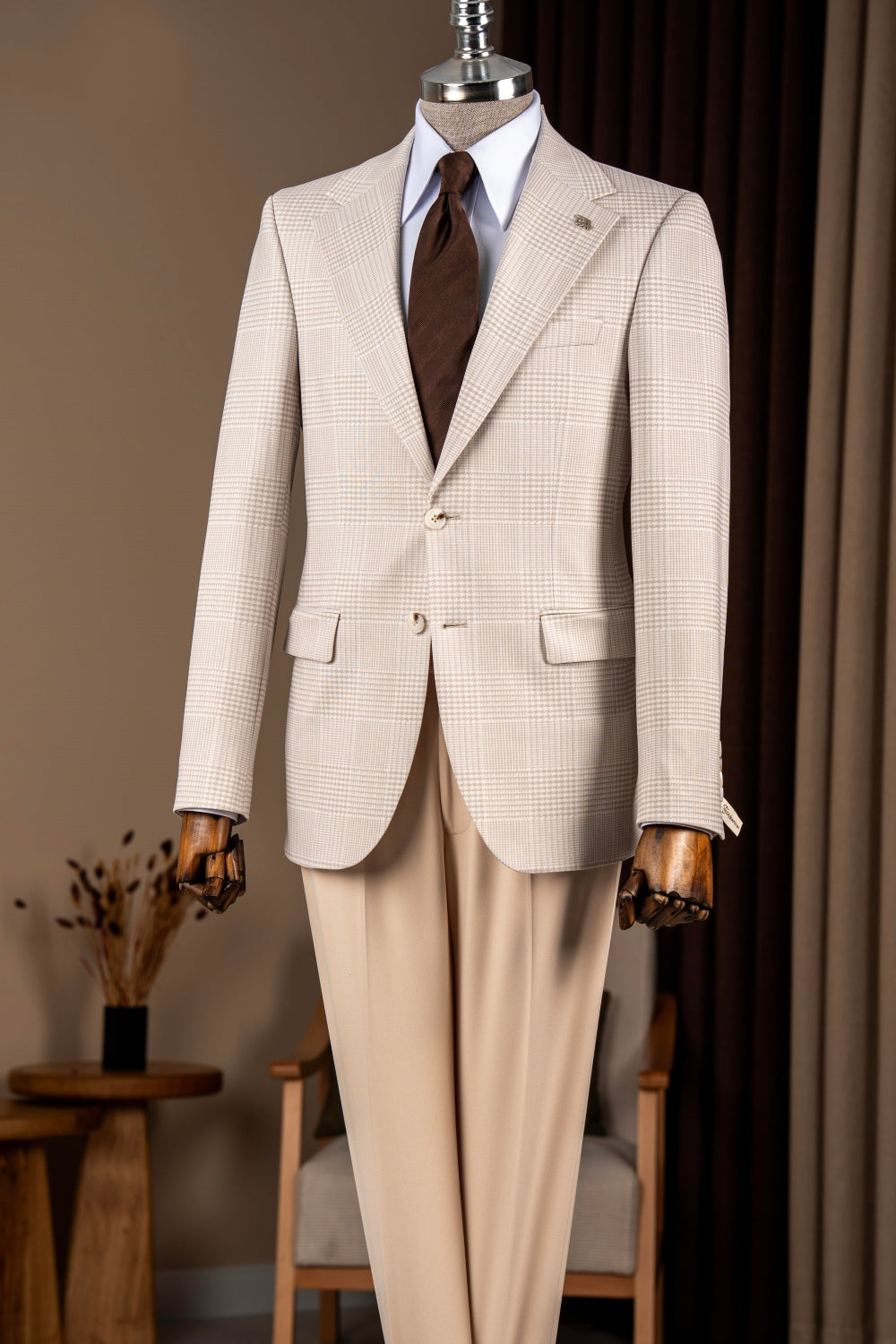 Beige Plaid Slim Fit Bespoke Men Jacket
