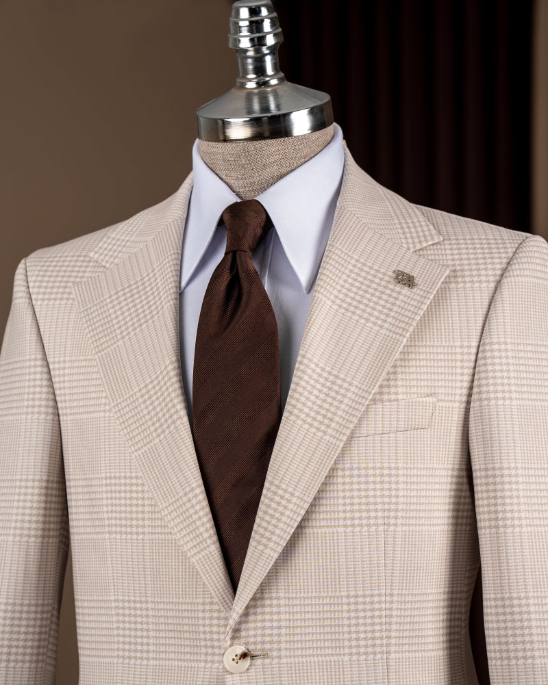 Beige Plaid Slim Fit Bespoke Men Jacket