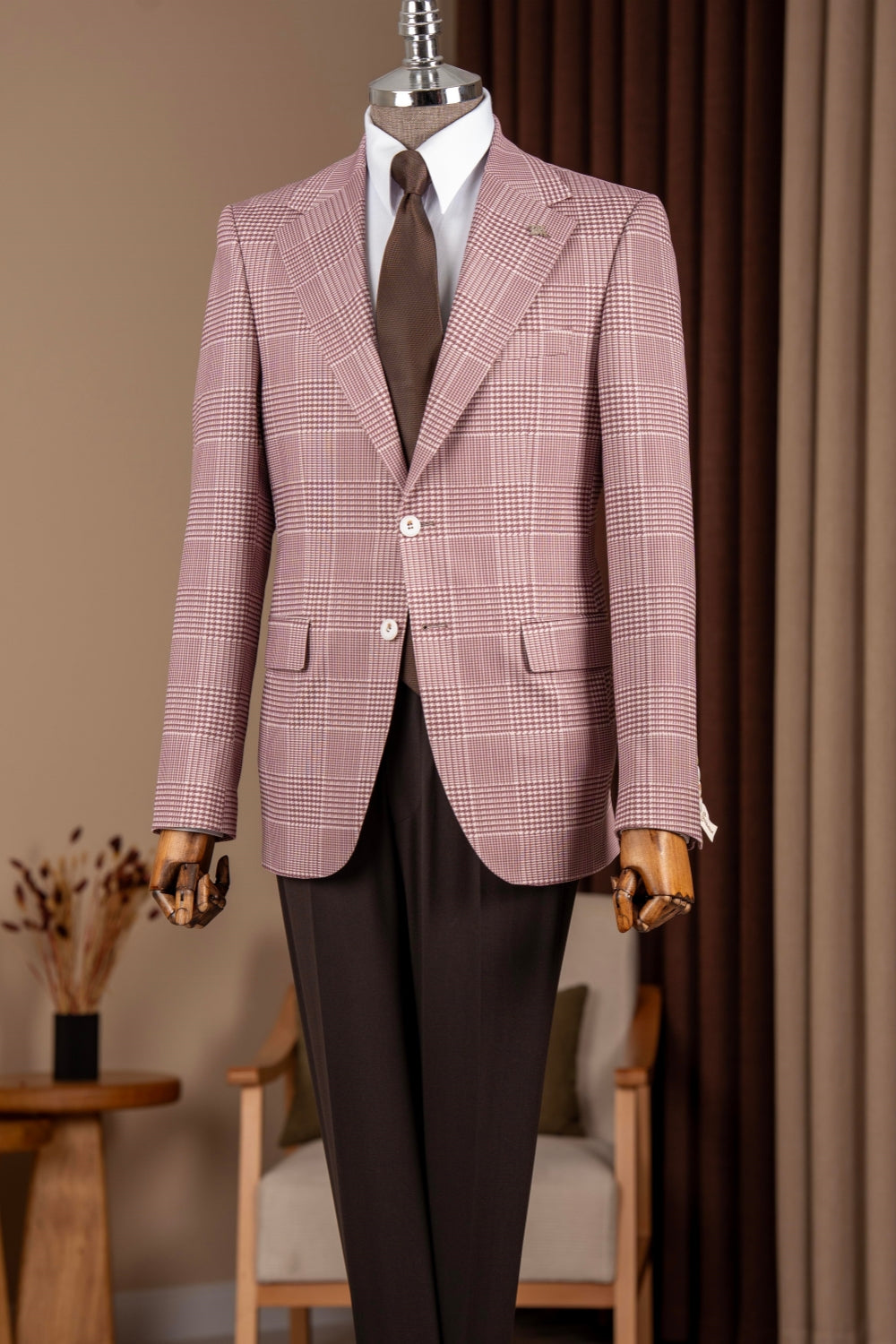 Fashion Pink Plaid Slim Fit Bespoke Men Jacket